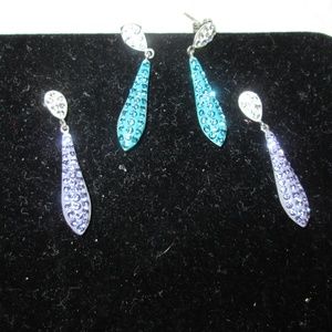 1 pr Teal & 1 pr Purple Swarovski crystal earrings